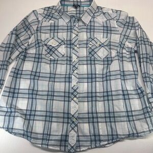 Women’s white and Blue Plaid Shirt with 3/4 roll up sleeves with button tab